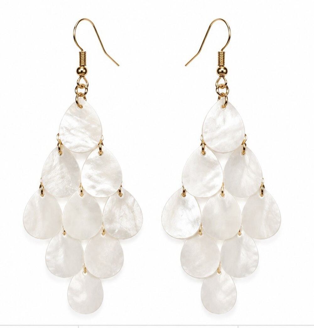 ANTHROPOLOGY WHITE MOTHER OF PEARL SHELL CHANDELIER DROP EARRINGS GOLD STATEMENT